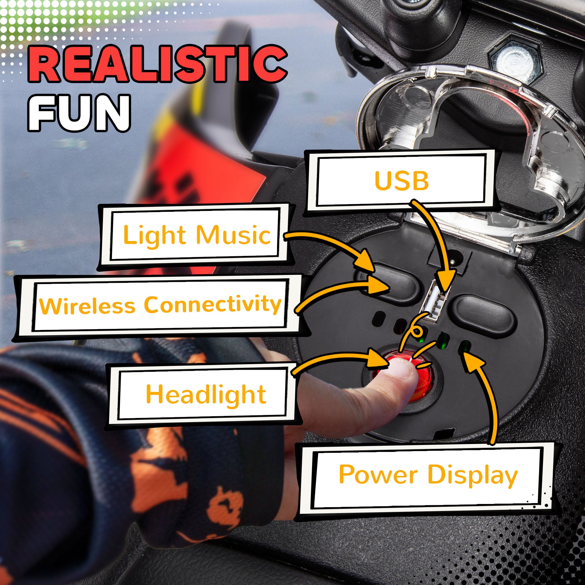 12V Aprilia Licensed Kids Motorbike with Training Wheels, Spring Suspension, LED Headlight, USB, Music