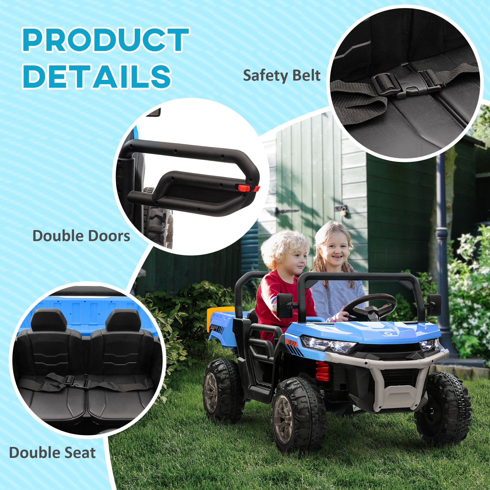 12V 2 Seater Kids Electric Ride-On Car with Electric Bucket, Remote Control