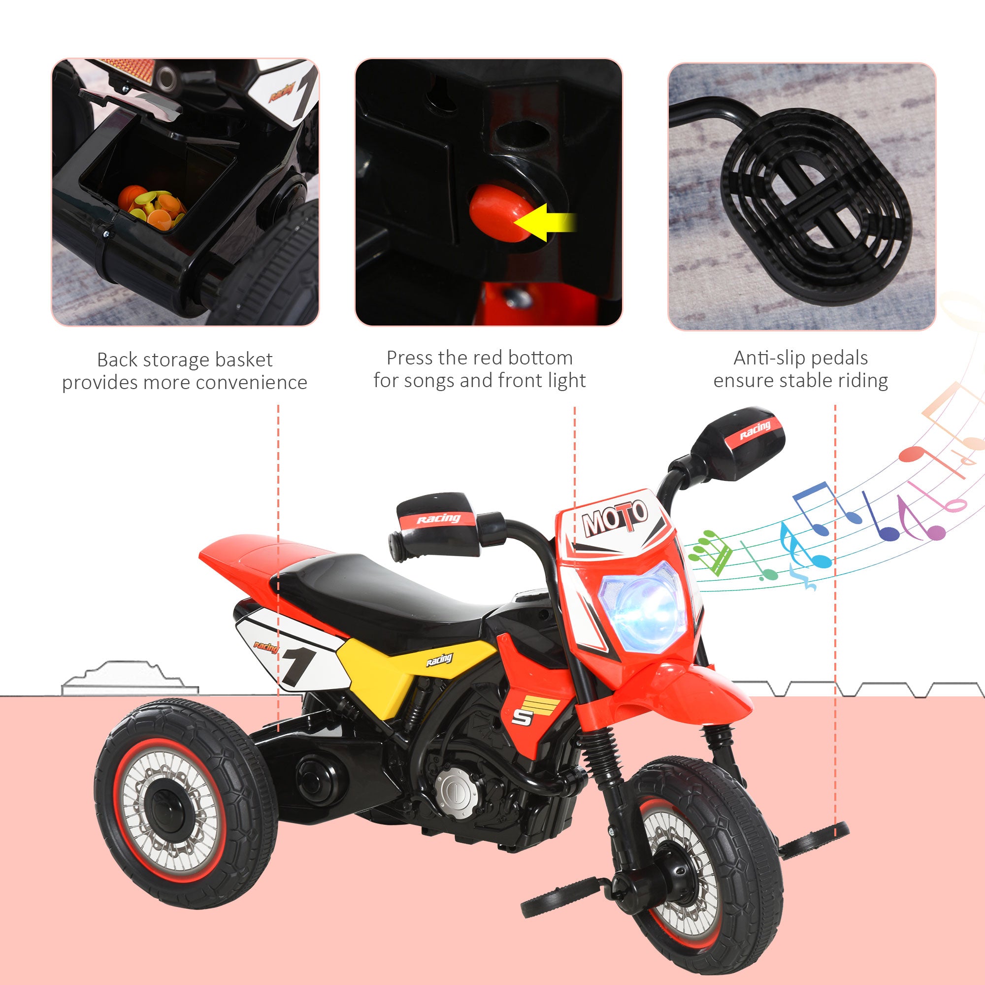 Toddler Pedal Motorcycle Kids Ride On Tricycle Early Learning w/ Music Lights Handlebar Stickers Exercise Boys Girls Gift for Kids 18 - 36 Months