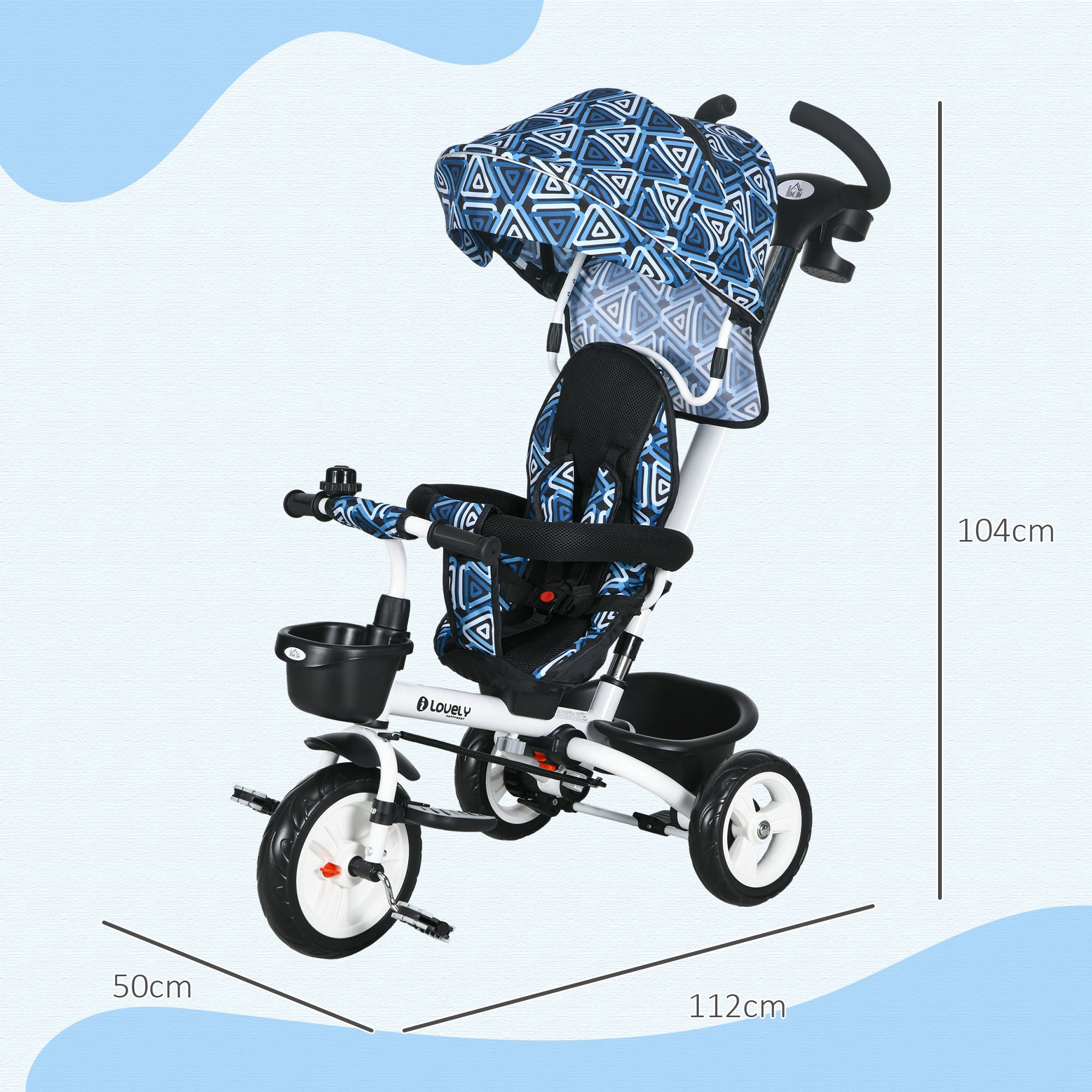 Metal Frame 6 in 1 Baby Push Tricycle with Parent Handle for 1-5 Years Old, Light