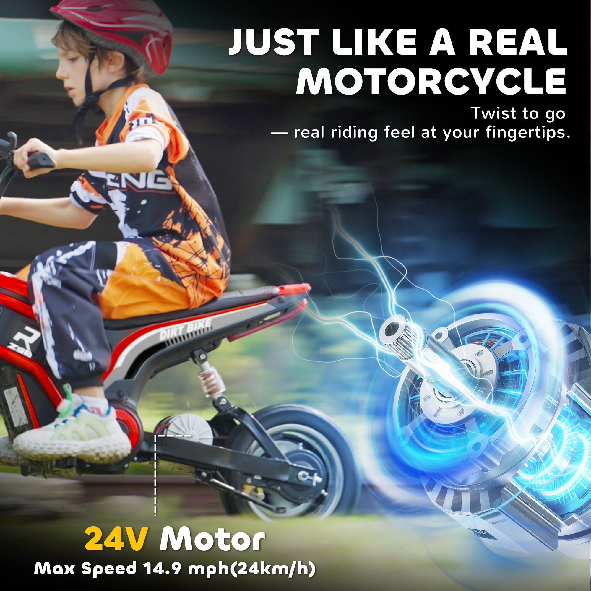 24V Electric Motorbike with Twist Grip Throttle, Music, Horn, 12" Pneumatic Tyres, 16km/h Max Speed