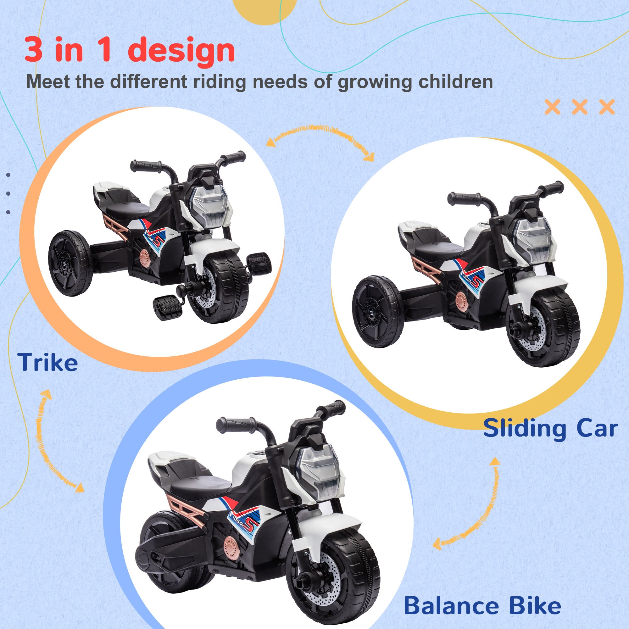 Motorcycle Design, 3 in 1 Toddler Trike, Sliding Car, Balance Bike with toy safety light, Music, Horn