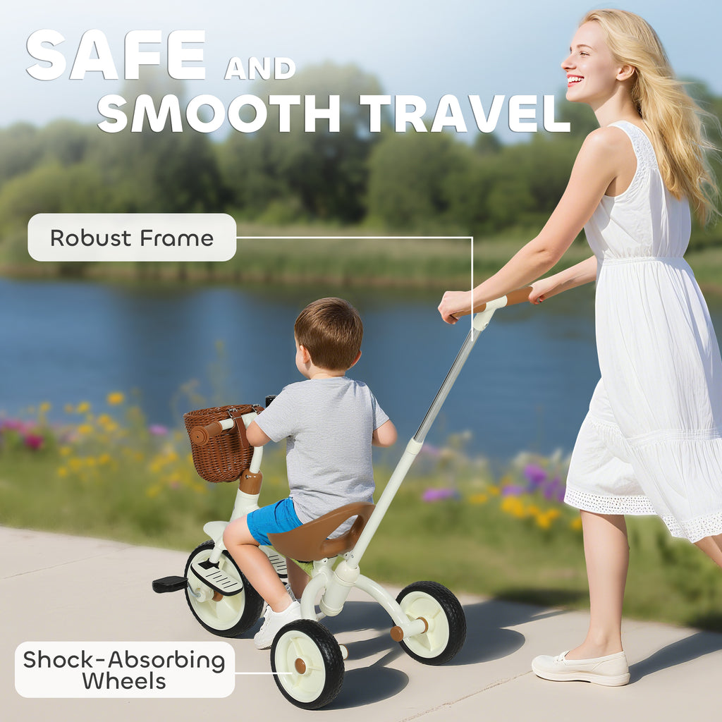 2-In-1 Toddler Trike for 2-5 Years Old, 3 Wheel Bike with Adjustable Parent Handle, Basket for Boys and Girls, White