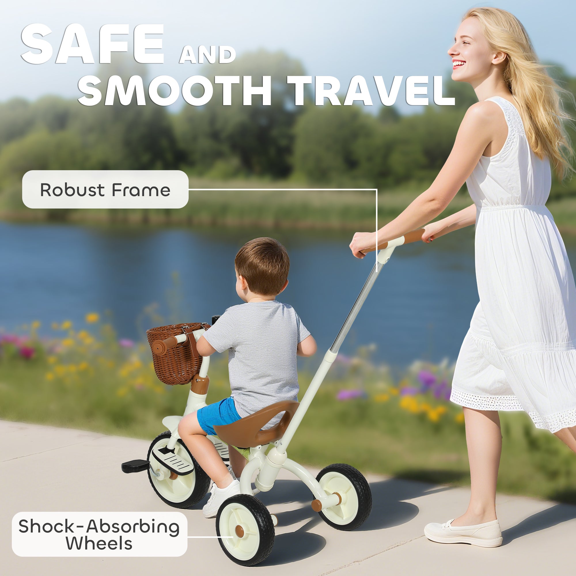 2-In-1 Toddler Trike for 2-5 Years Old, 3 Wheel Bike with Adjustable Parent Handle, Basket for Boys and Girls, White