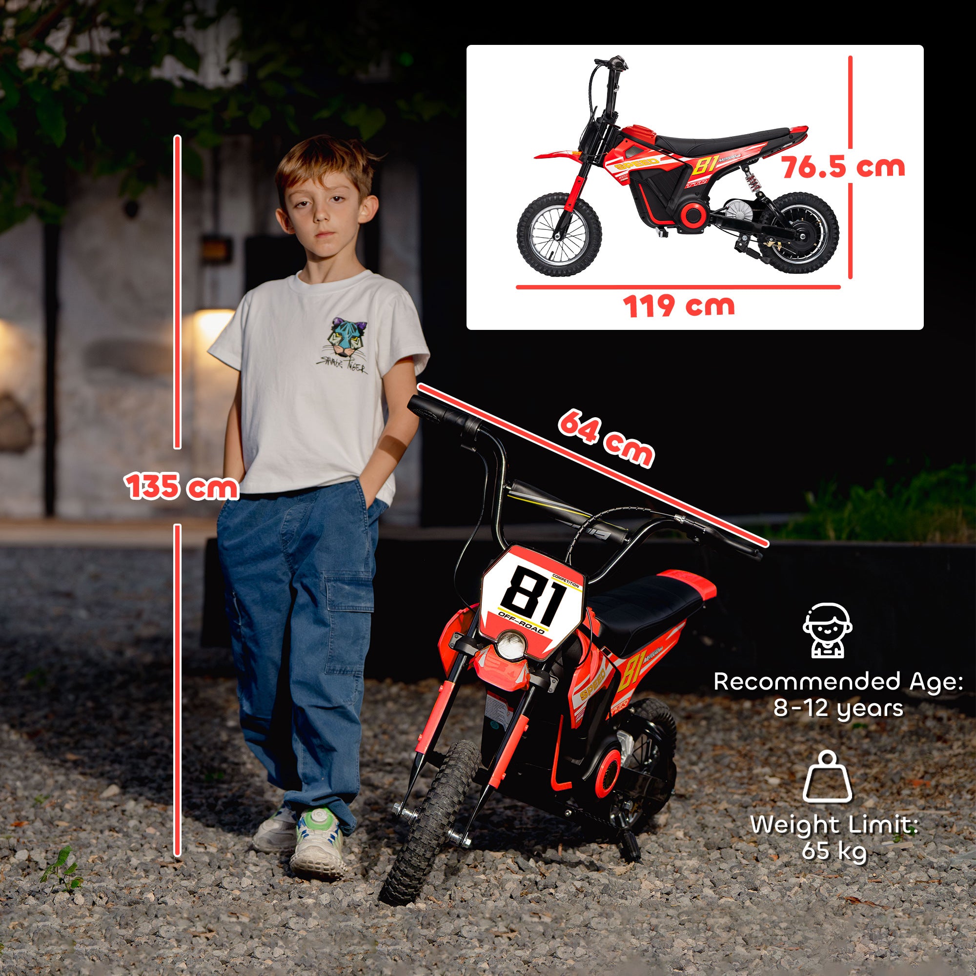 Kids Electric Motorbike, 24V Ride On Motorcycle with 3 Speeds and Rear Suspension, Dirt Bike for 8-12 Years Old