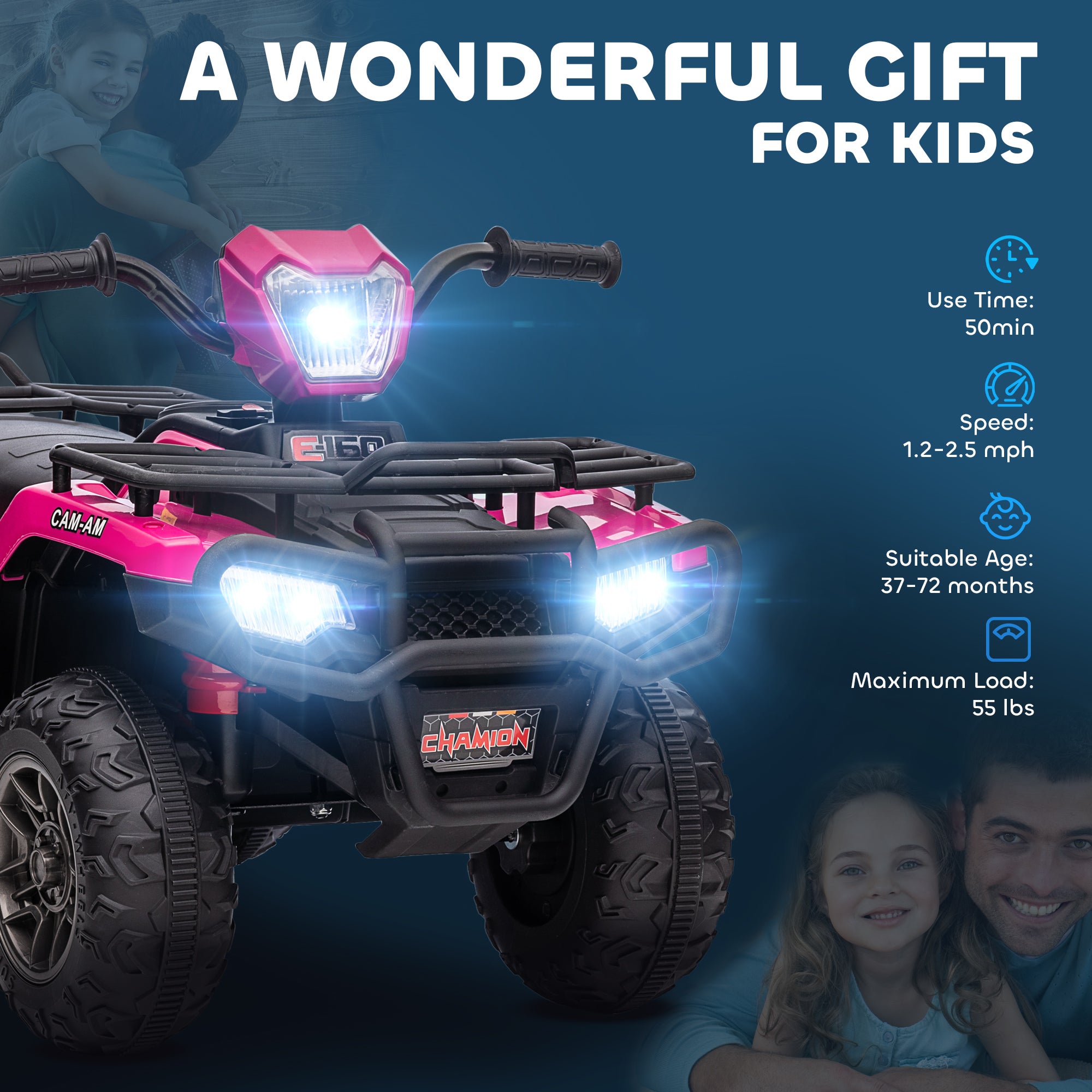 12V Kids Quad Bike with Forward, Reverse Functions, Ride-On ATV w/ Music, LED, Headlights, for Ages 3-5 Years