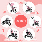 Metal Frame 6 in 1 Baby Push Tricycle with Parent Handle for 1-5 Years Old
