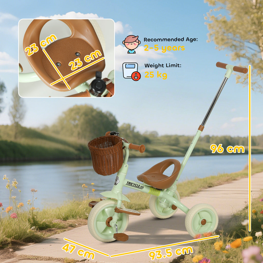 2-In-1 Toddler Trike for 2-5 Years Old, 3 Wheel Bike with Adjustable Parent Handle, Basket for Boys and Girls, Green