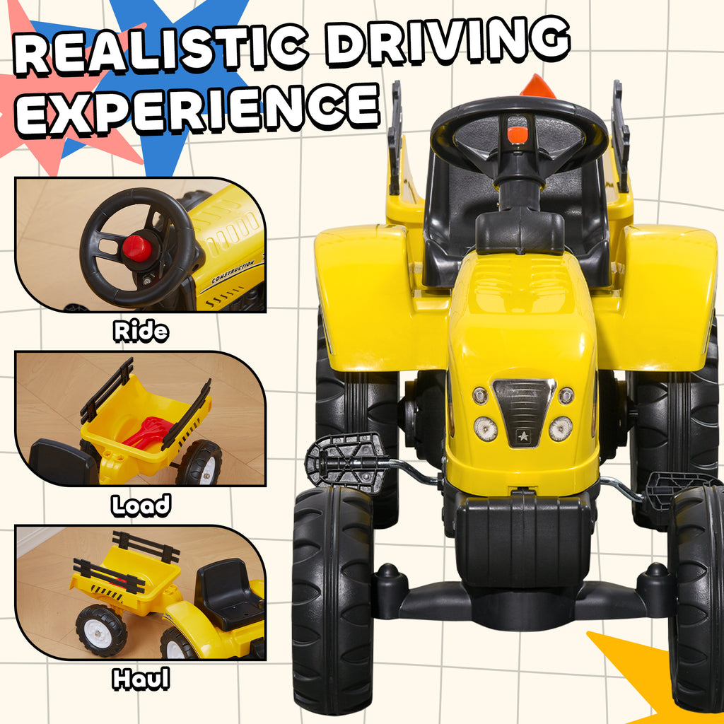 Kids Ride on Tractor with Back Trailer, Shovel & Rake, Horn, Four Wheels Tractor Toy for Child Toddler