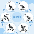 6 in 1 Tricycle for Kids with 5-point harness straps, Removable Canopy