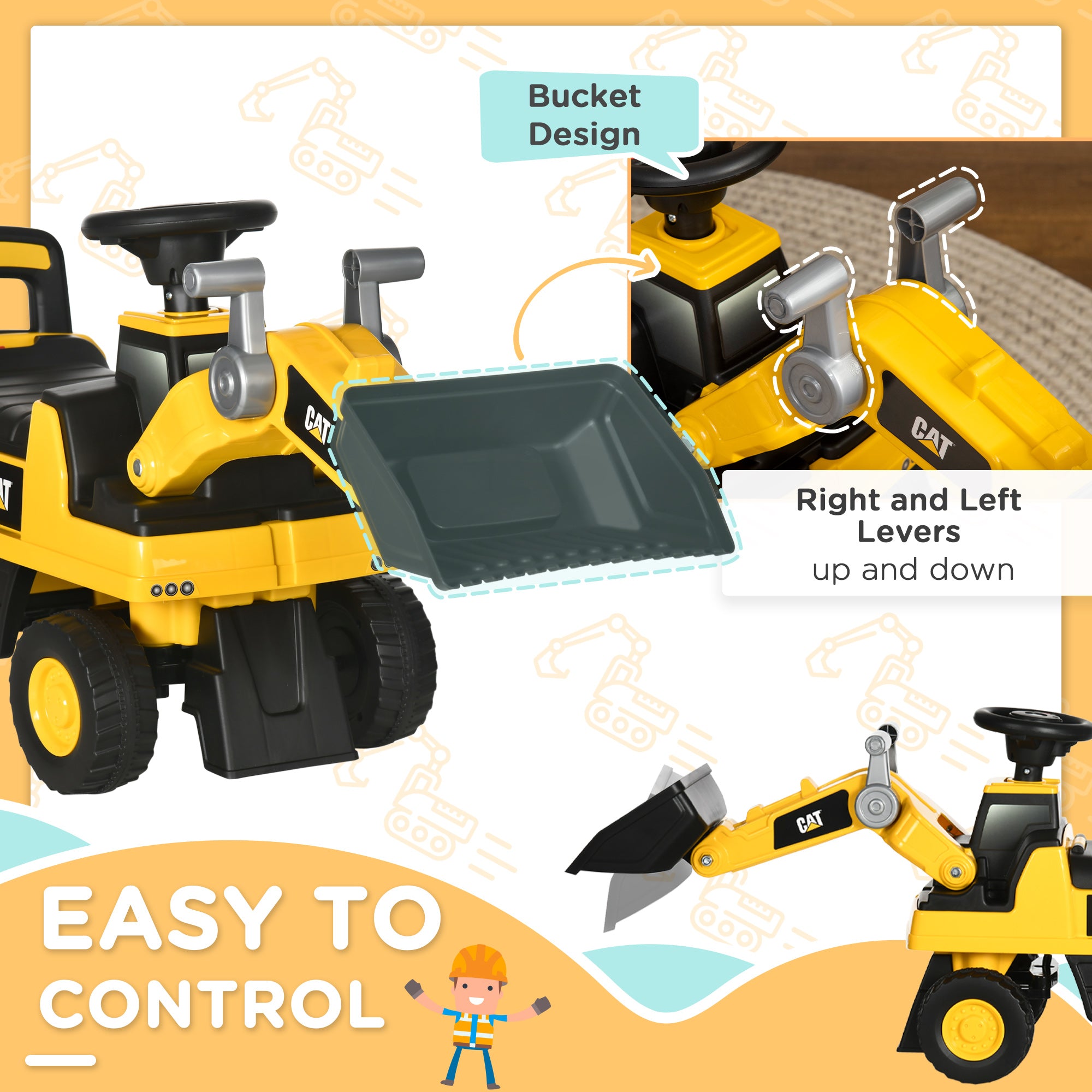 CAT Licensed Kids Construction Ride-On Toddler Digger Excavator Foot-To-Floor Ride-On Toy w/ Manual Shovel, Horn, Hidden Storage, for Ages 1.5-3 Years