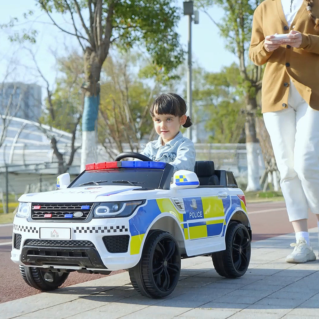 12V Kids Electric Ride On Police Car 2 Motors with Parental Remote Control Siren Flashing Lights USB Portable for 3-6 Years White