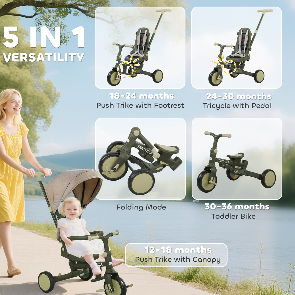 5 in 1 Kids Trike with Adjustable Backrest, Toddler Tricycle with Push Handlebar, Adjustable Backrest, Dark Green