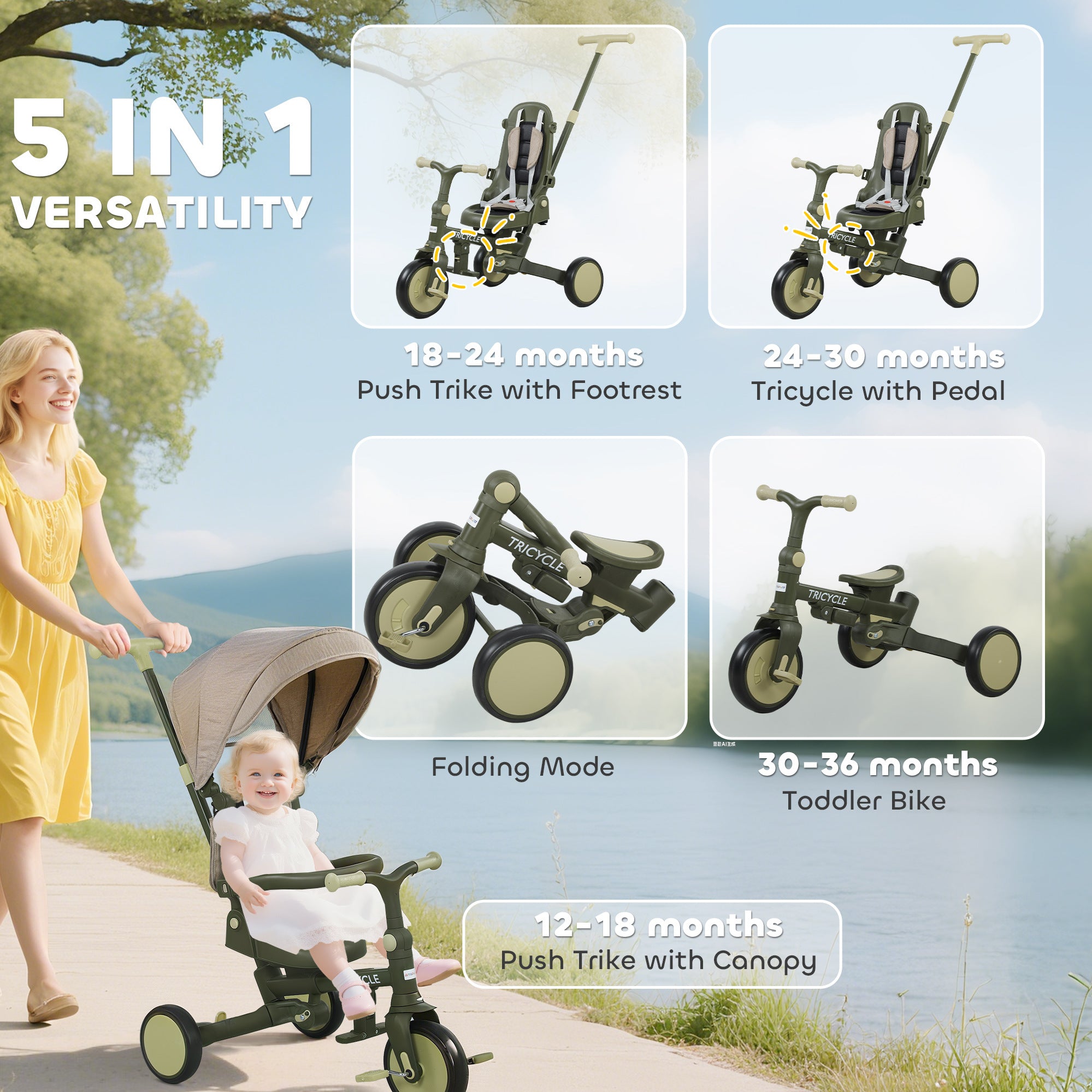 5 in 1 Kids Trike with Adjustable Backrest, Toddler Tricycle with Push Handlebar, Adjustable Backrest, Dark Green