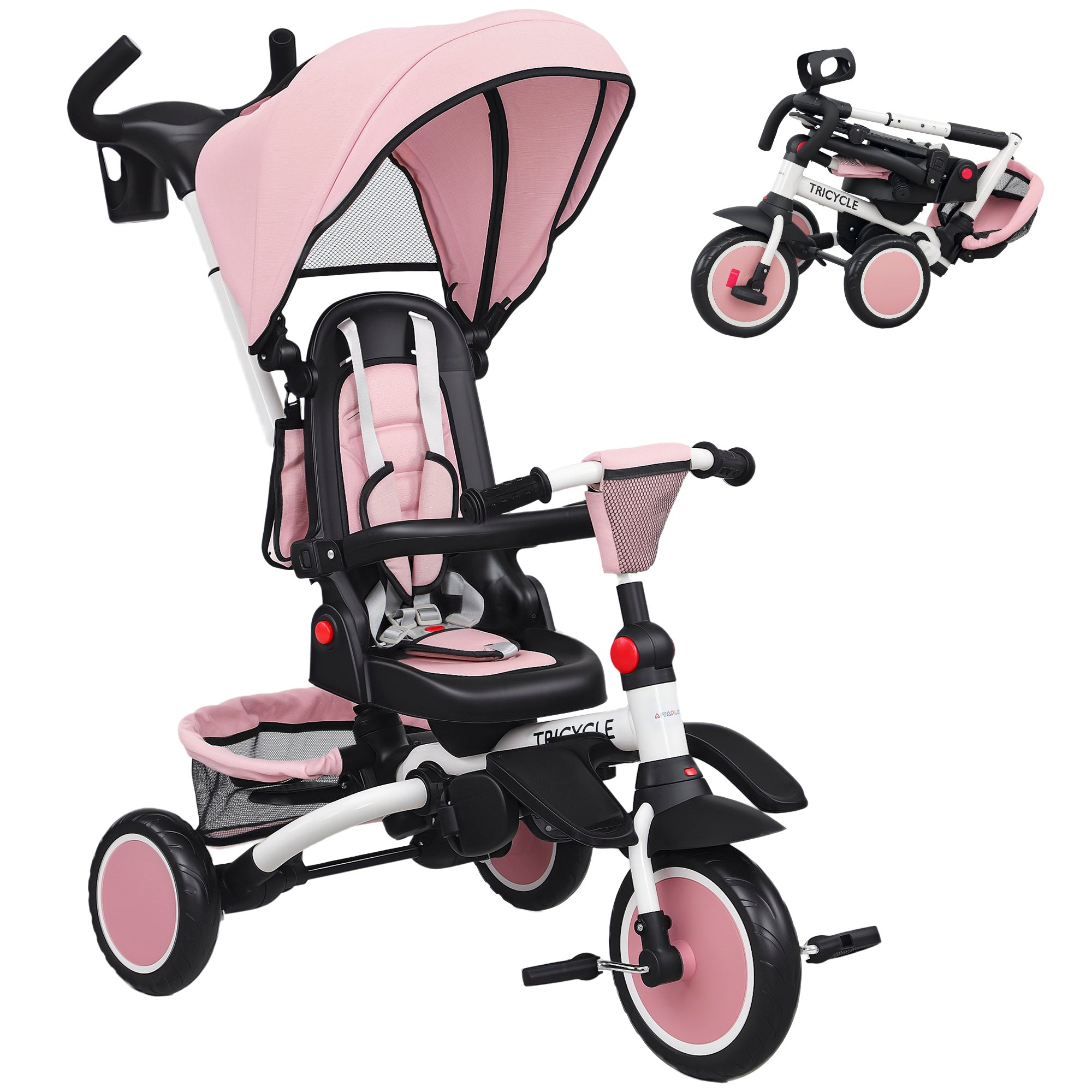 6 in 1 Foldable Kids Trike with Adjustable Parent Handle & Canopy for Ages 1-5, Pink