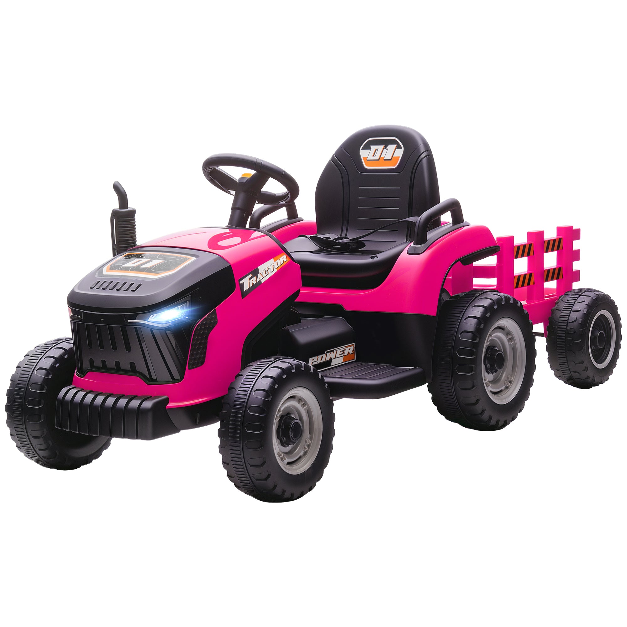 12V Ride on Tractor and Trailer with Remote Control, Music, Shifter, Start-Up Sound, for Kids Ages 3-8 Years, Pink