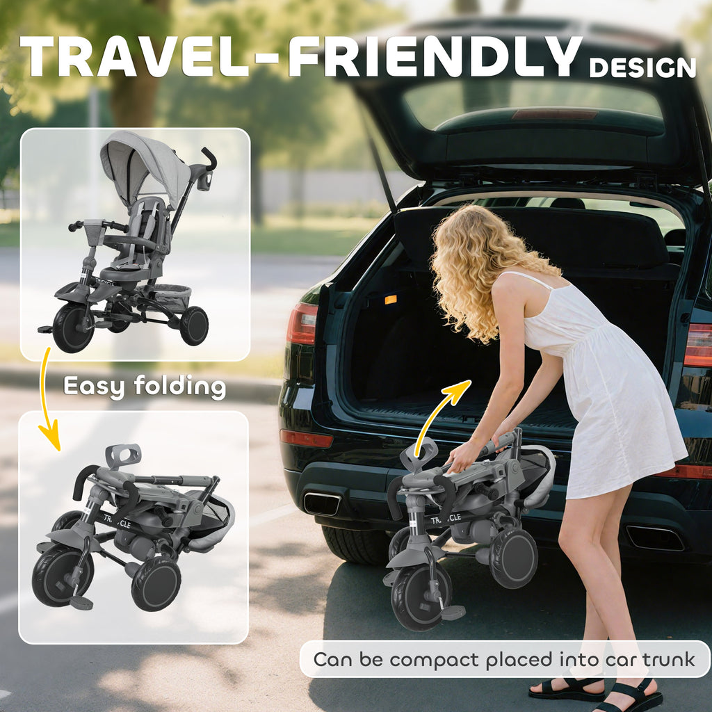 6 in 1 Foldable Kids Trike with Adjustable Parent Handle & Canopy for Ages 1-5, Grey