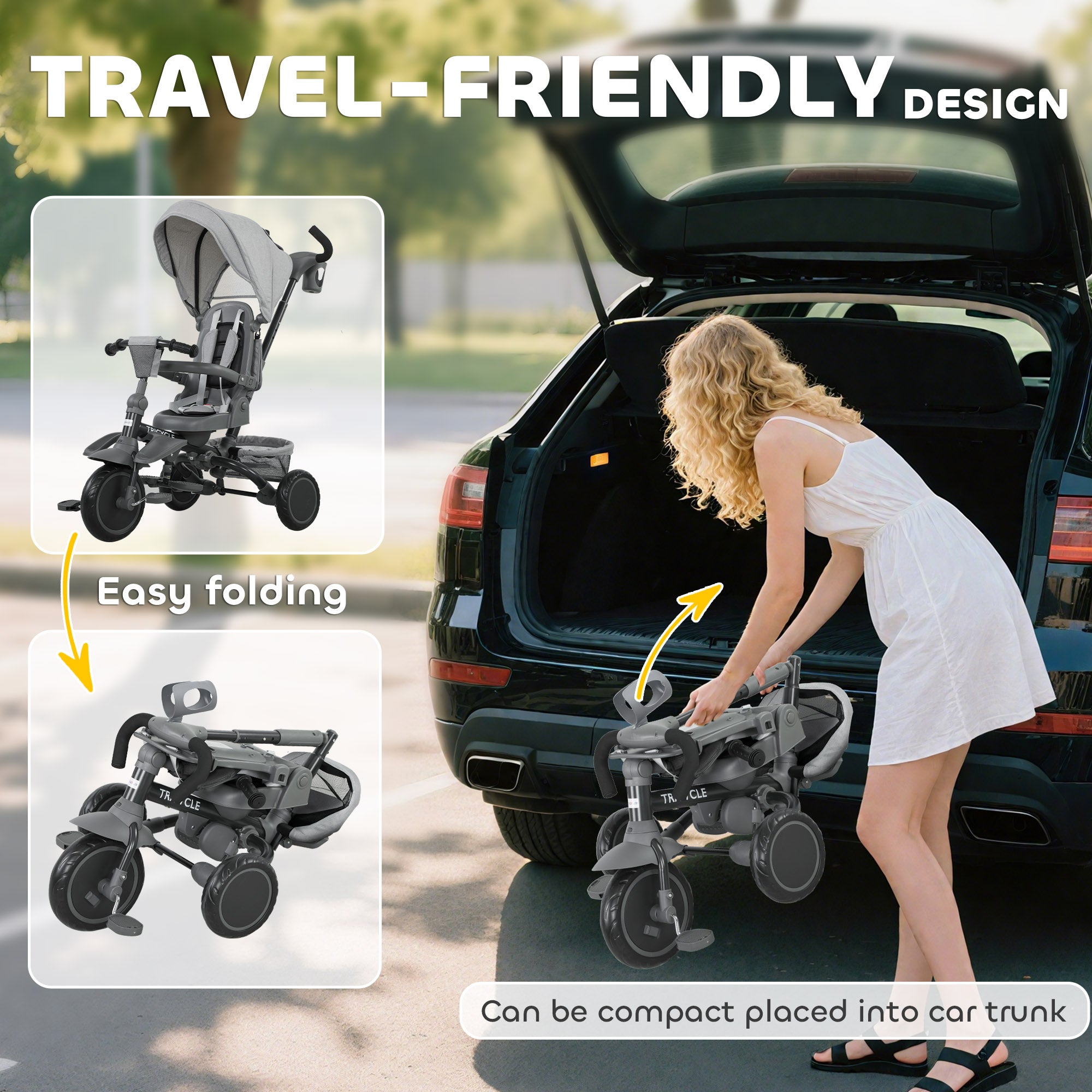 6 in 1 Foldable Kids Trike with Adjustable Parent Handle & Canopy for Ages 1-5, Grey