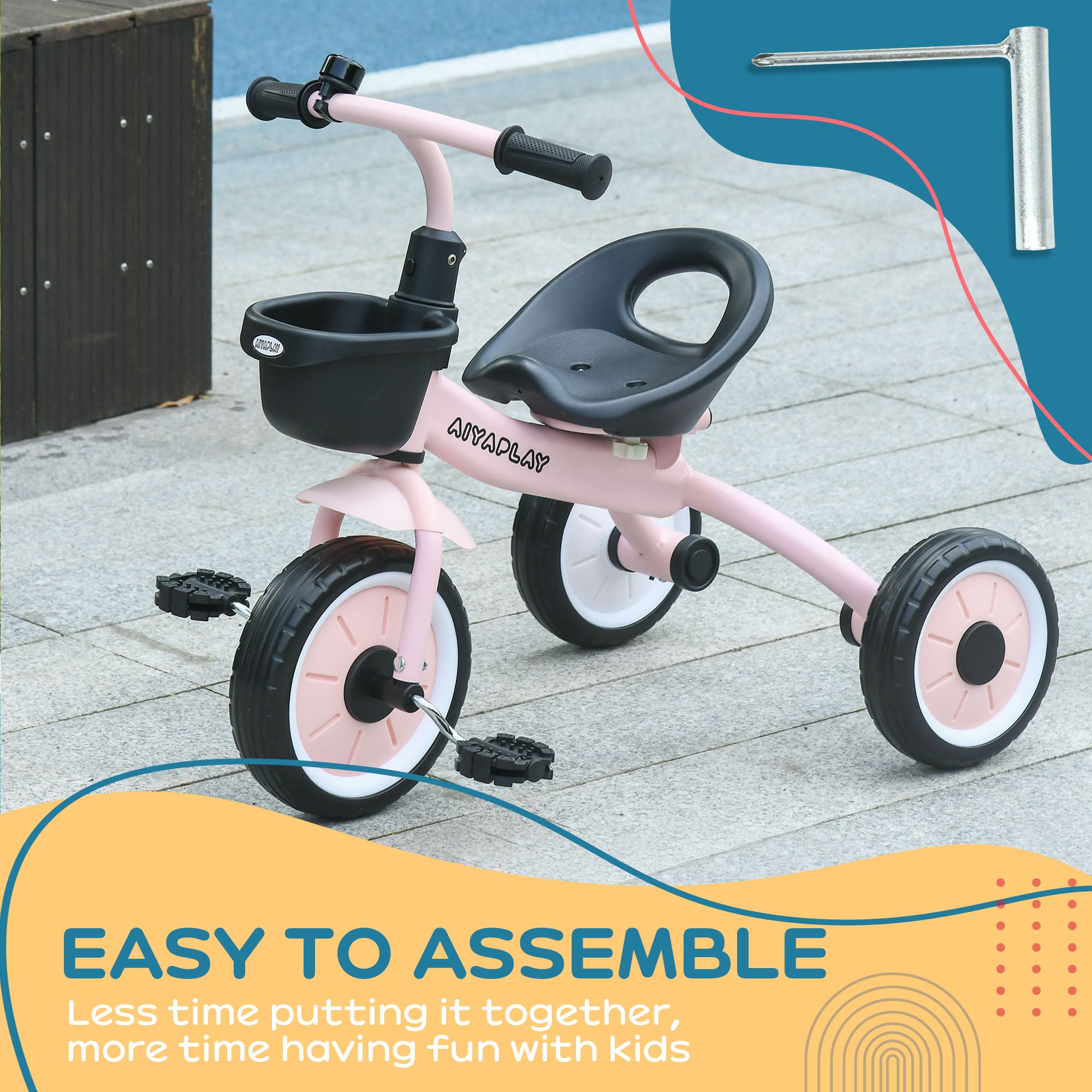 Kids Trike, Tricycle, with Adjustable Seat, Basket, Bell, for Ages 2-5 Years