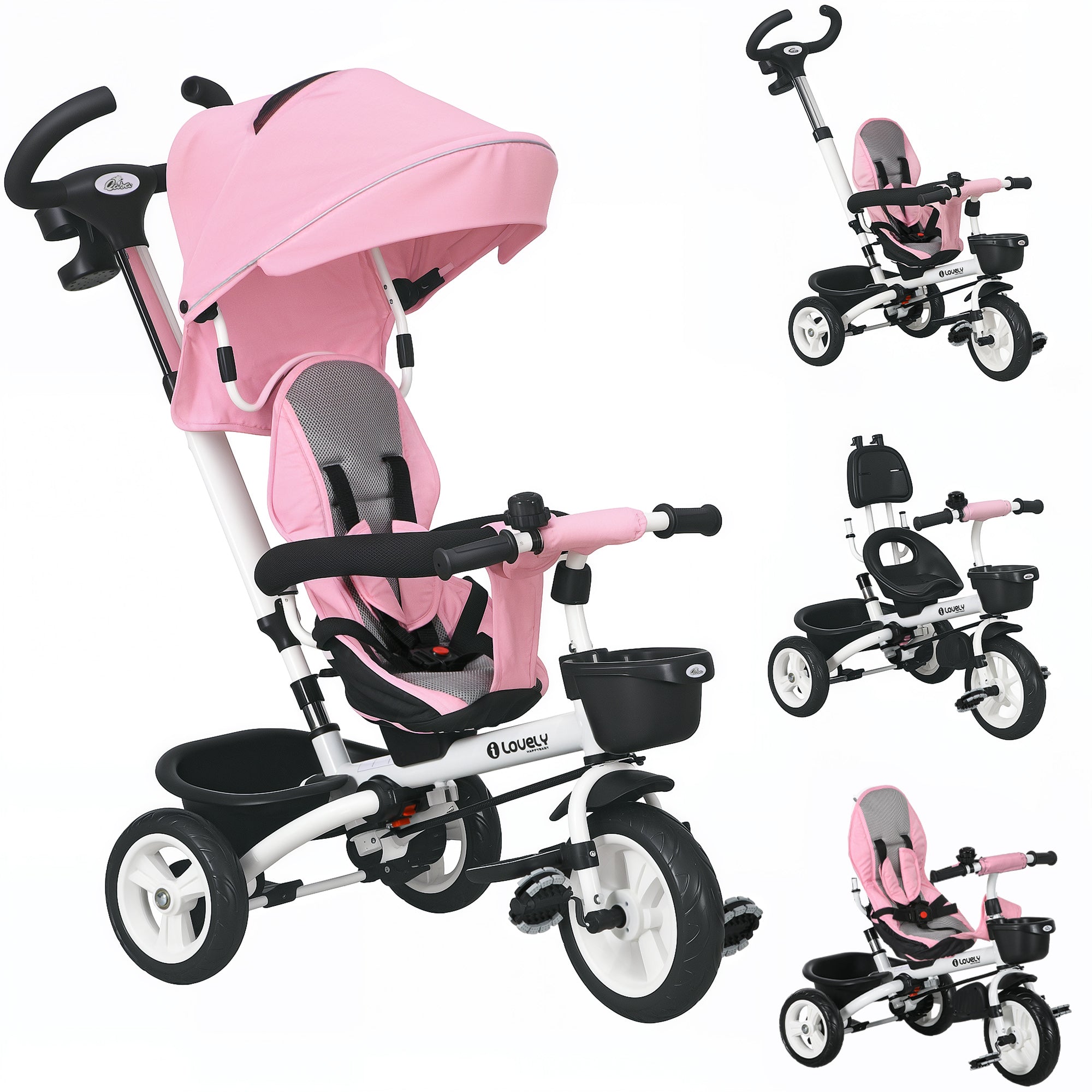 Metal Frame 6 in 1 Baby Push Tricycle with Parent Handle for 1-5 Years Old