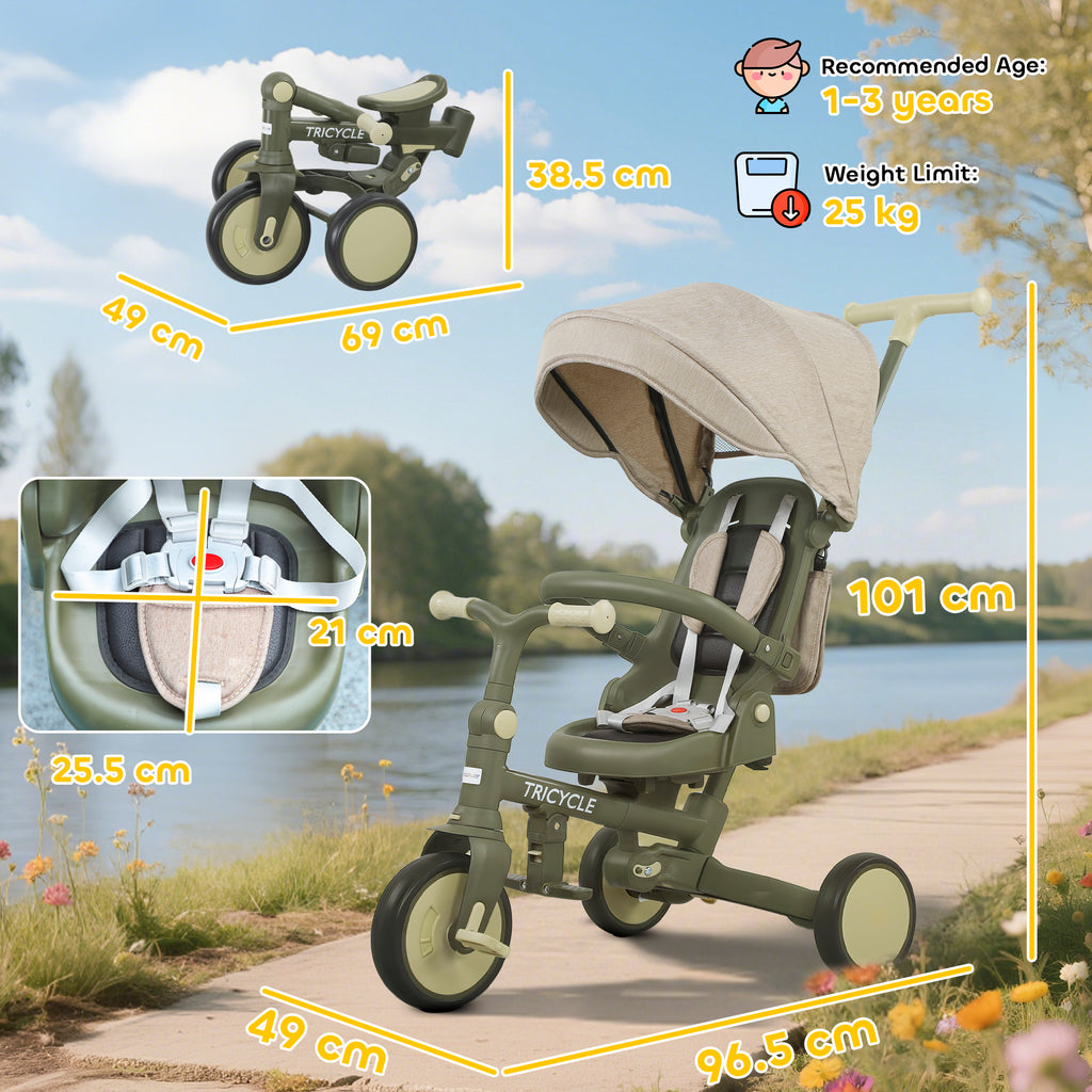 5 in 1 Kids Trike with Adjustable Backrest, Toddler Tricycle with Push Handlebar, Adjustable Backrest, Dark Green