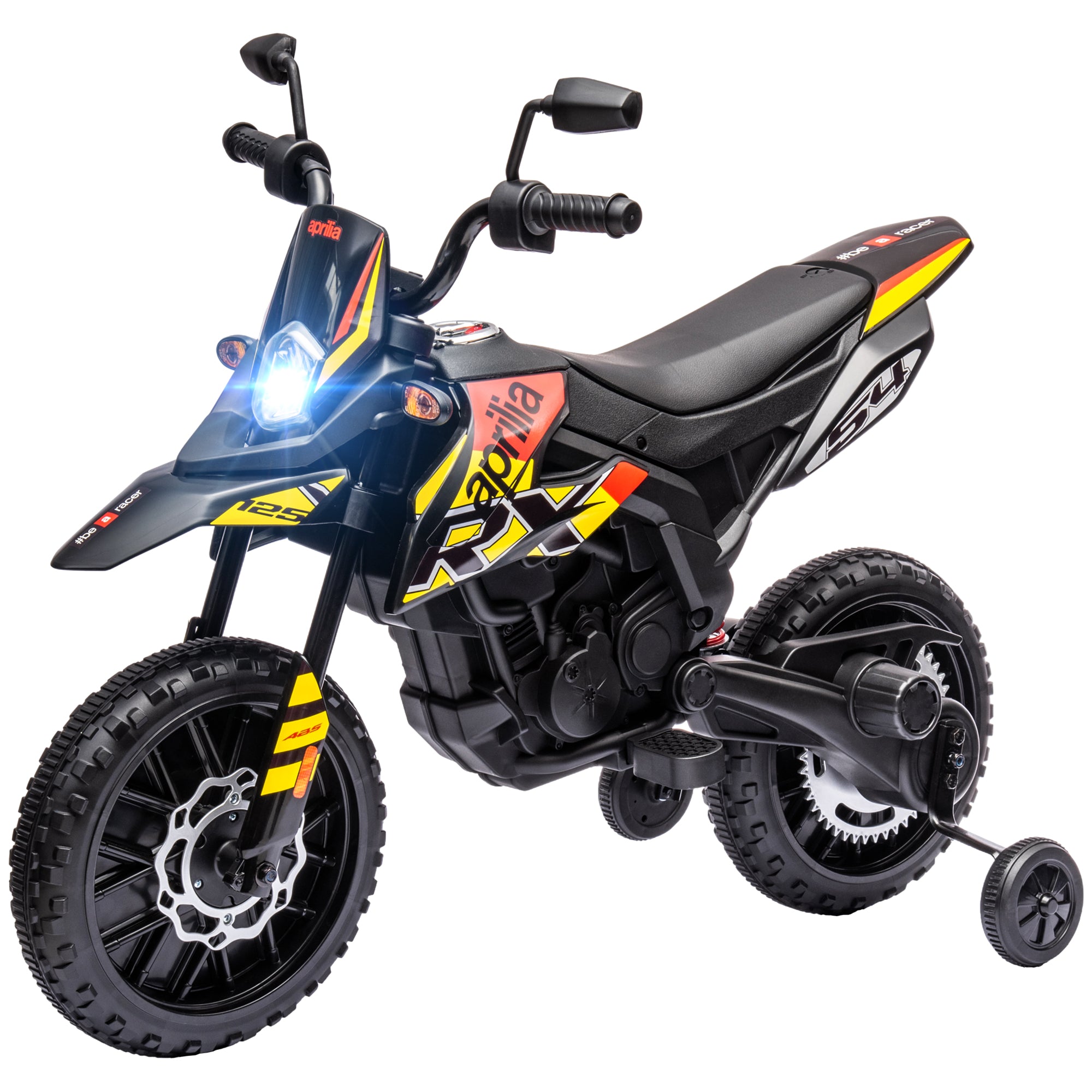 12V Aprilia Licensed Kids Motorbike with Training Wheels, Spring Suspension, LED Headlight, USB, Music