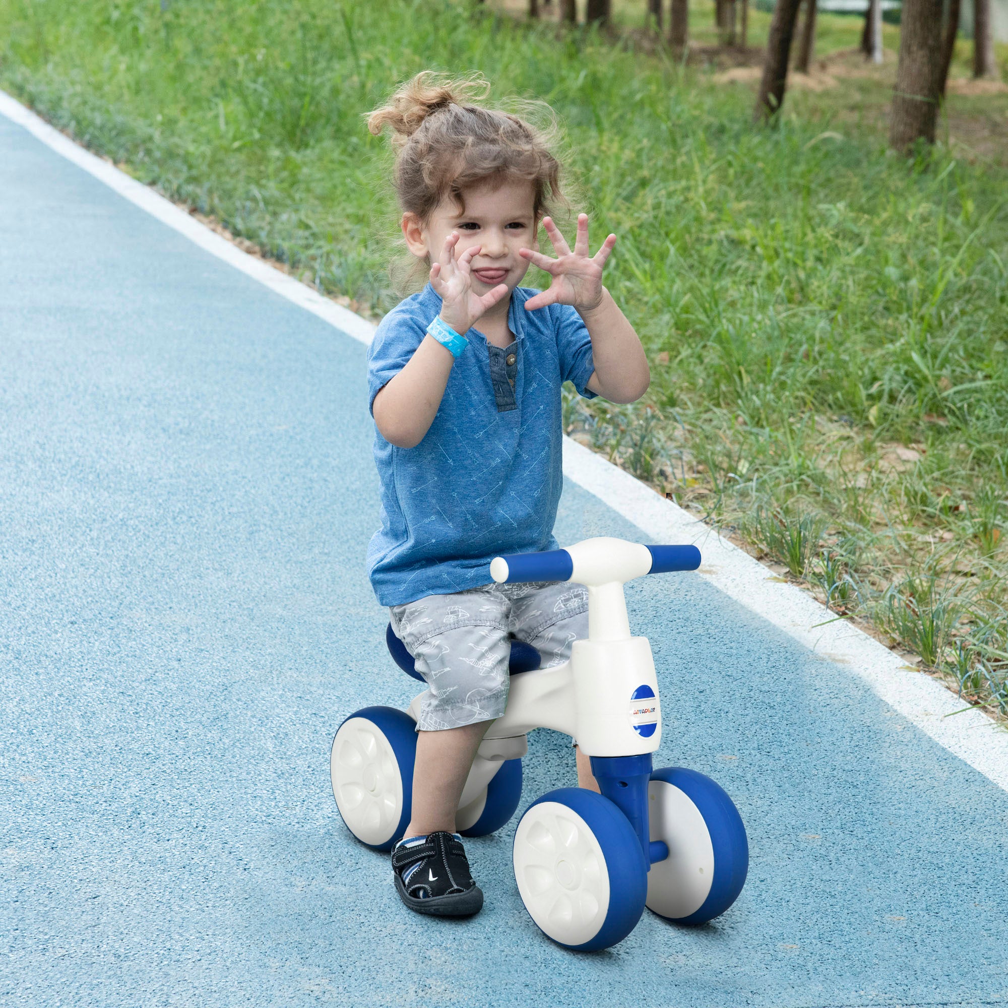 Balance Bike for Ages 18-36 Months, with Anti-Slip Handlebars, Four Wheels, No Pedal - Blue
