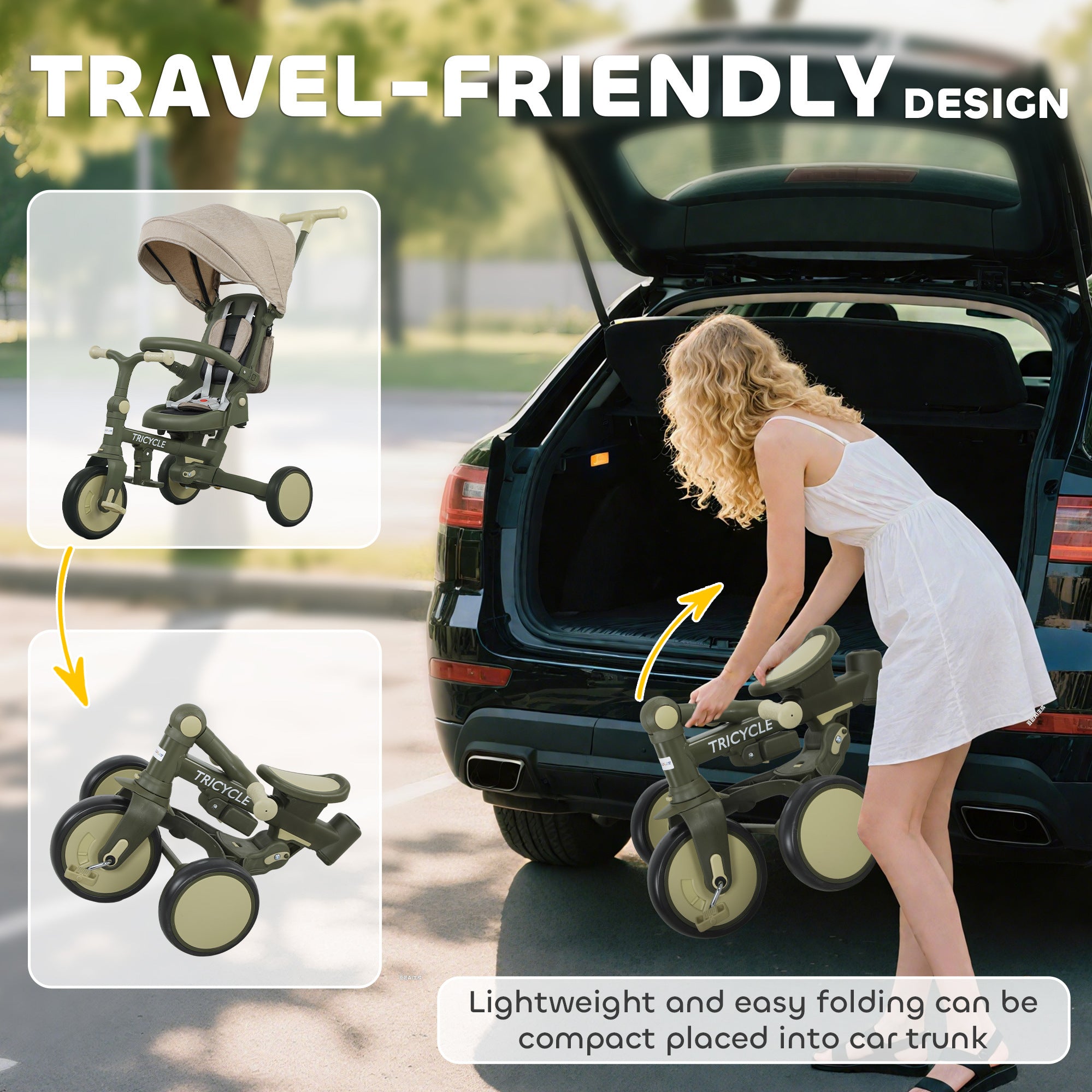 5 in 1 Kids Trike with Adjustable Backrest, Toddler Tricycle with Push Handlebar, Adjustable Backrest, Dark Green