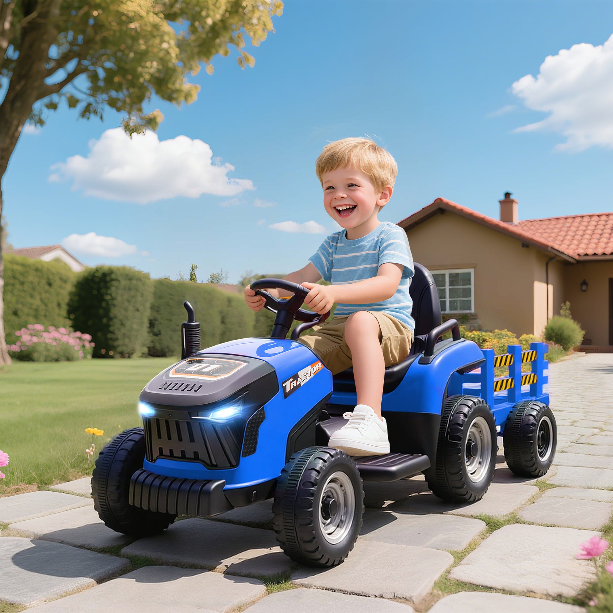 12V Ride on Tractor and Trailer with Remote Control, Music, Shifter, Start-Up Sound, for Kids Ages 3-8 Years, Blue