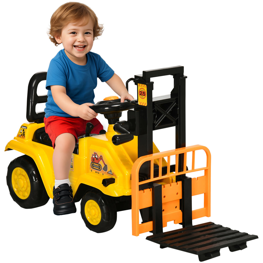 Kids Ride-On Construction Car, with Fork, Tray, Sounds - Yellow