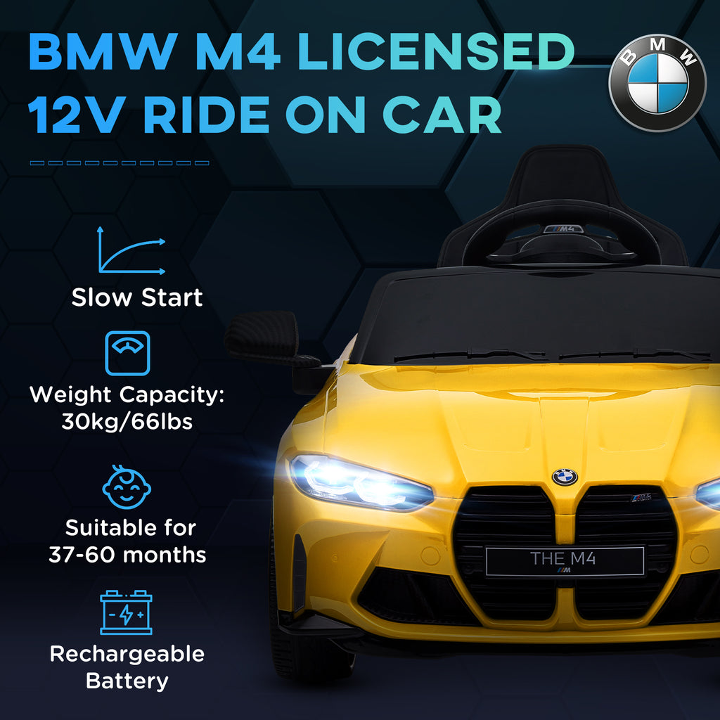 12V BMW M4 Licensed Kids Car with Easy Transport, Remote Control, Suspension, Music, Horn, LED Lights