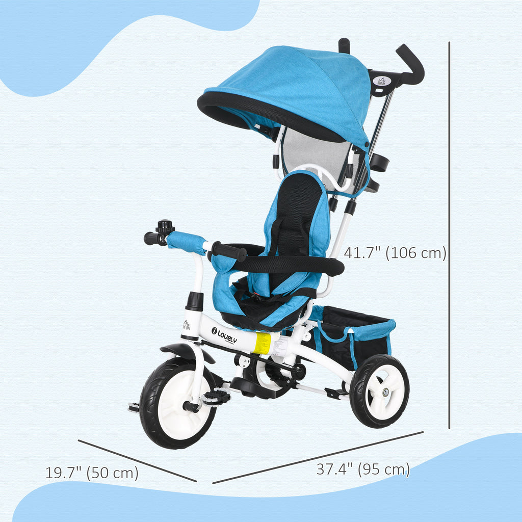 6 in 1 Kids Trike Push Bike w/ Push Handle, Canopy, 5-point Safety Belt, Storage, Footrest, Brake, for 1-5 Years