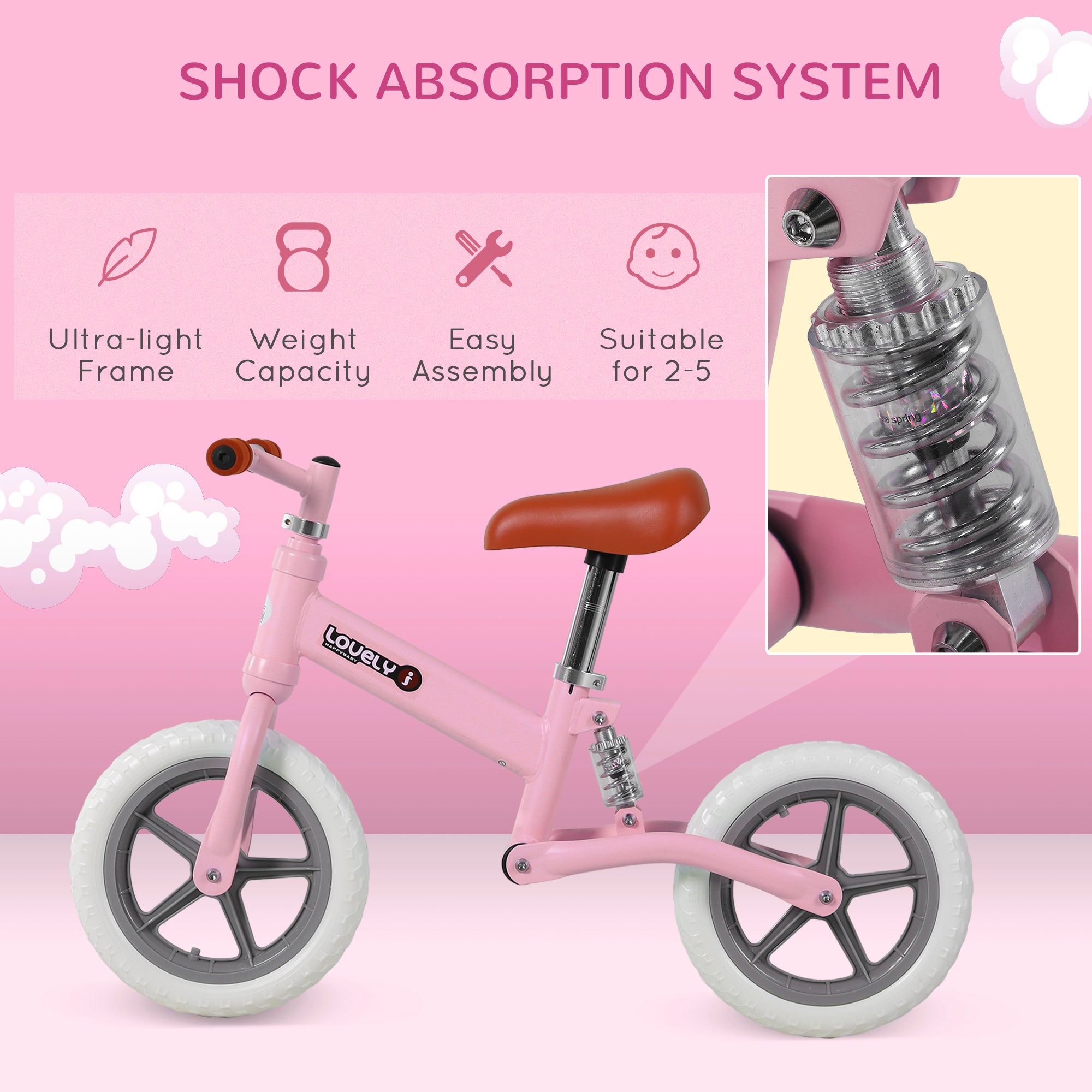 12" Kids Balance Bike No Pedal Bicycle EVA Tire Adjustable Seat Toddler Training Bike W/ Shock Absorber 2 - 5 Years Gift for Boys Girls
