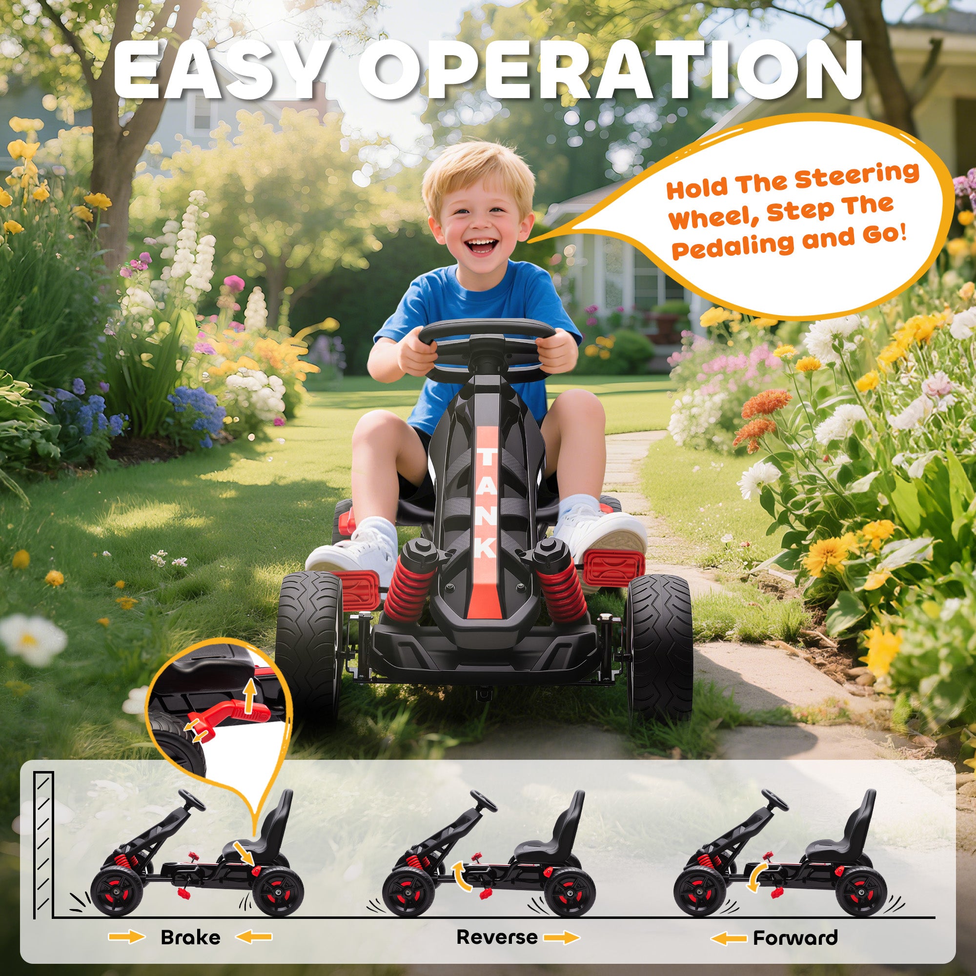 Pedal Go Kart for Kids Aged 3-6 Years, with Freewheel System, Brake, EVA Anti-Slip Wheels