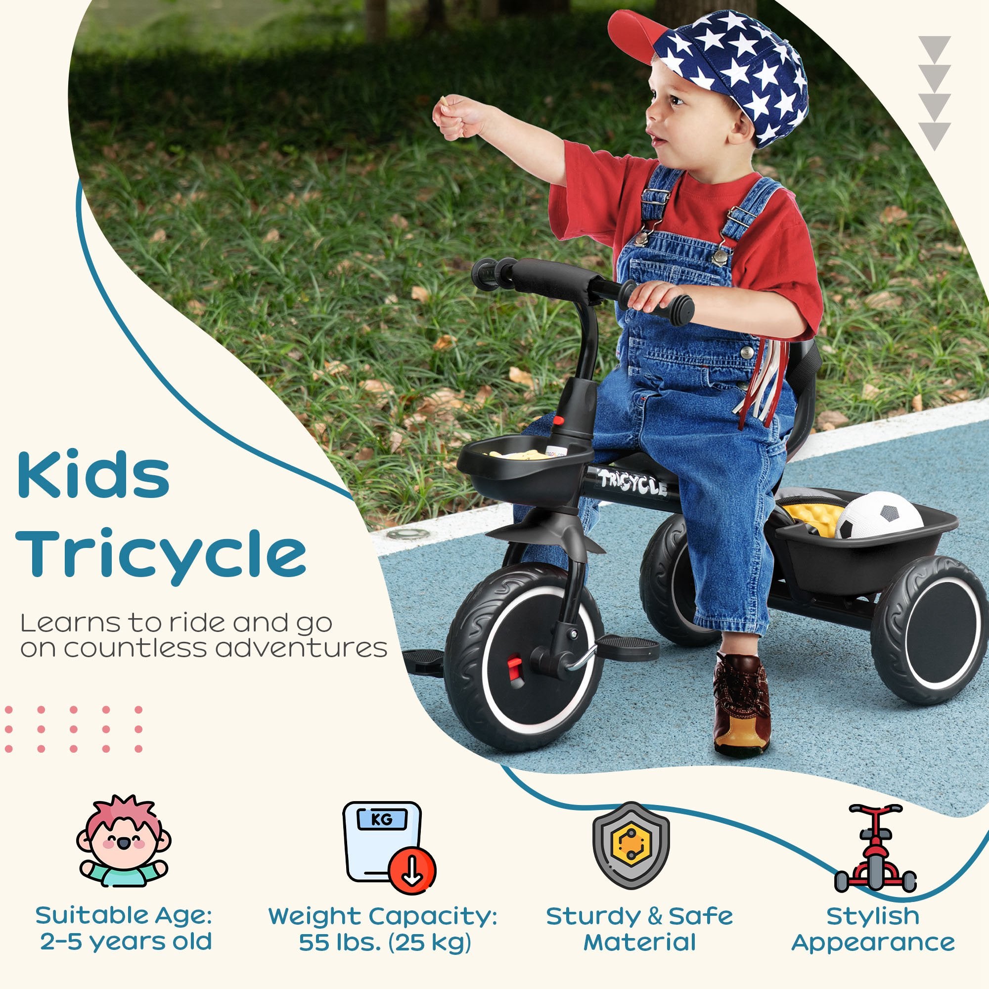 Kids Trike for 2-5 Years with Adjustable Seat, Pedal, Baskets