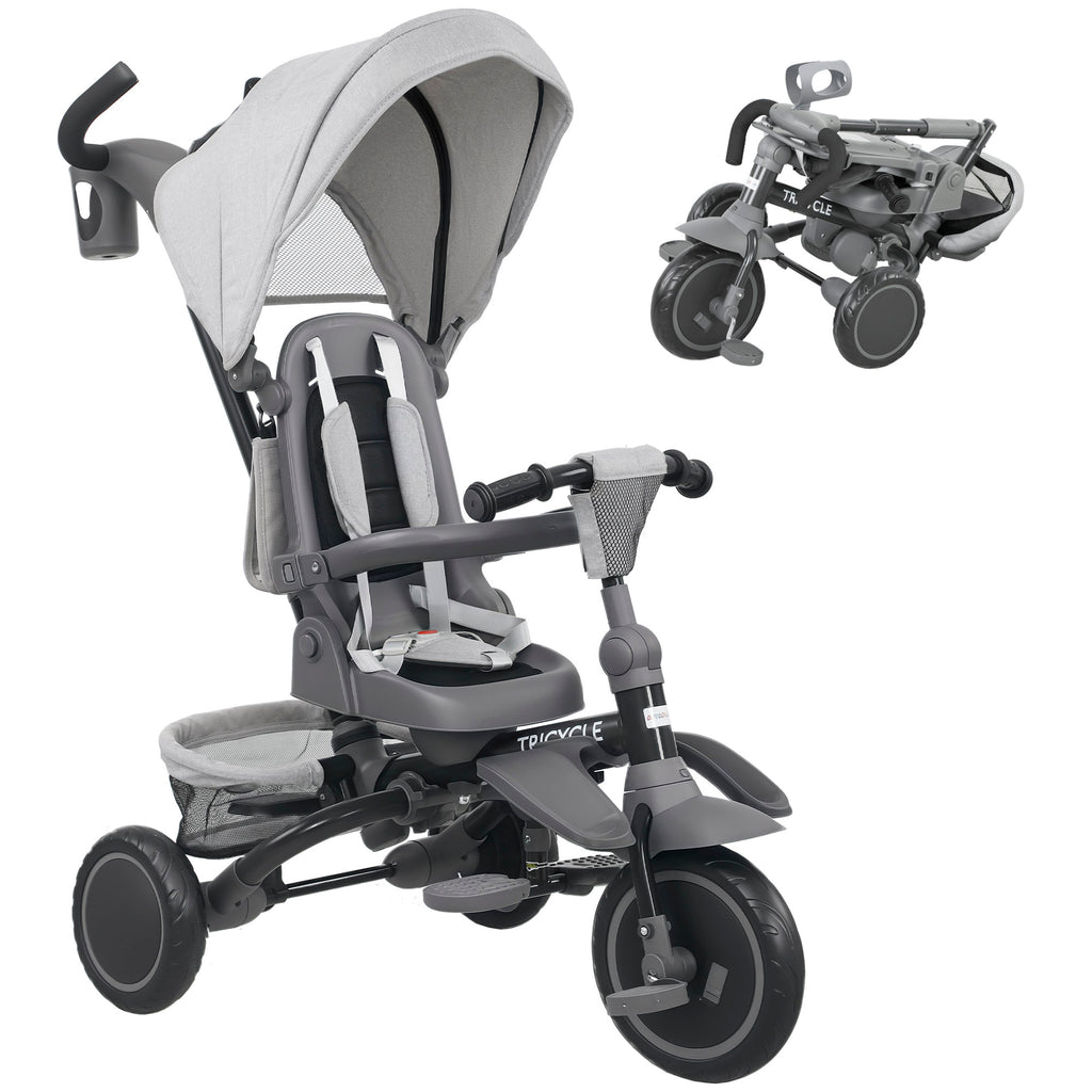 6 in 1 Foldable Kids Trike with Adjustable Parent Handle & Canopy for Ages 1-5, Grey