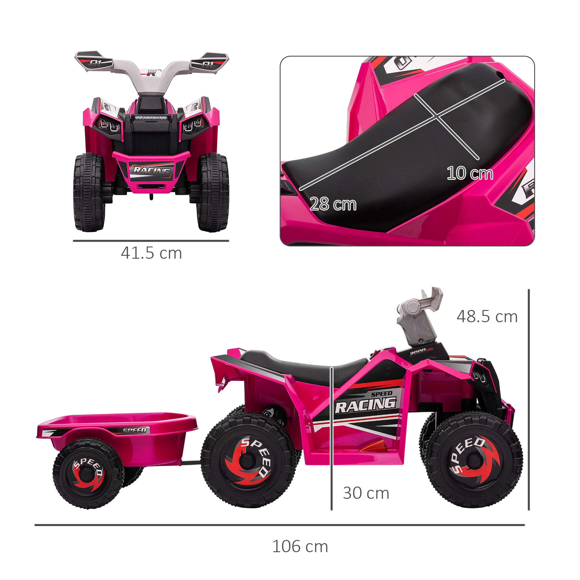 6V Quad Bike with Back Trailer, Wear-Resistant Wheels, for Ages 18-36 Months