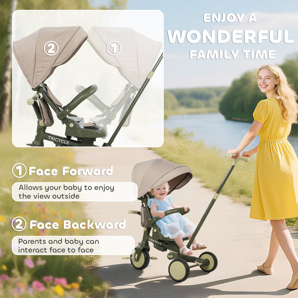 5 in 1 Kids Trike with Adjustable Backrest, Toddler Tricycle with Push Handlebar, Adjustable Backrest, Dark Green