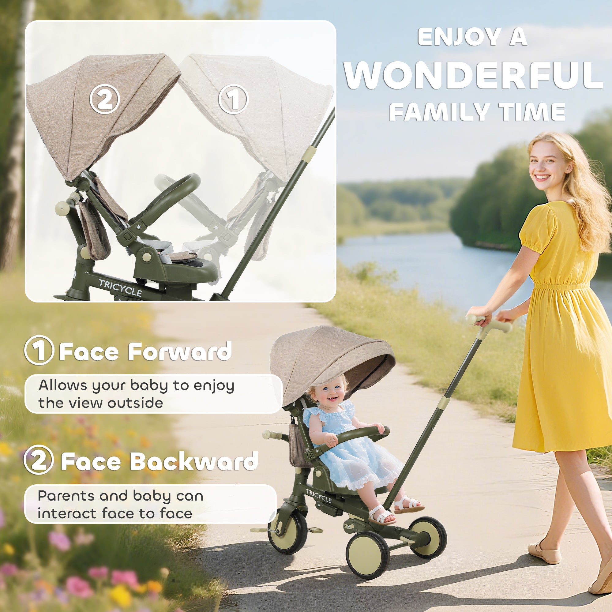 5 in 1 Kids Trike with Adjustable Backrest, Toddler Tricycle with Push Handlebar, Adjustable Backrest, Dark Green