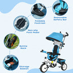 6 in 1 Kids Trike Push Bike w/ Push Handle, Canopy, 5-point Safety Belt, Storage, Footrest, Brake, for 1-5 Years