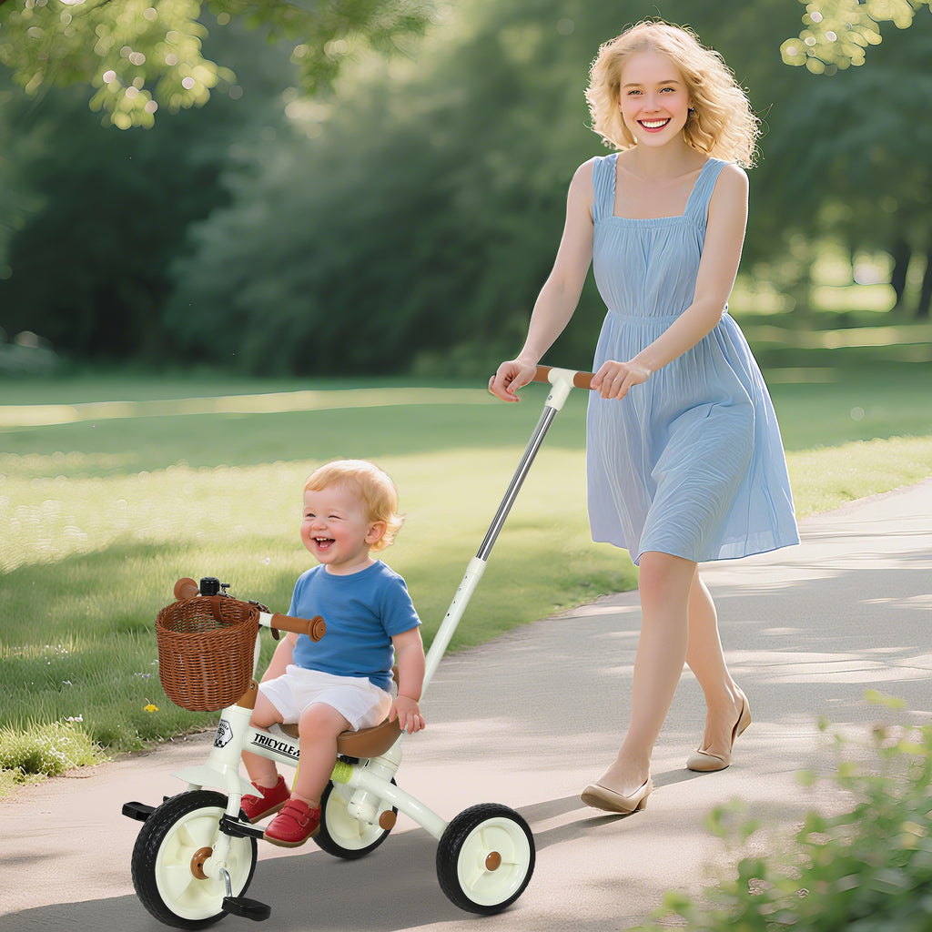 2-In-1 Toddler Trike for 2-5 Years Old, 3 Wheel Bike with Adjustable Parent Handle, Basket for Boys and Girls, White