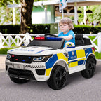 12V Kids Electric Ride On Police Car 2 Motors with Parental Remote Control Siren Flashing Lights USB Portable for 3-6 Years White