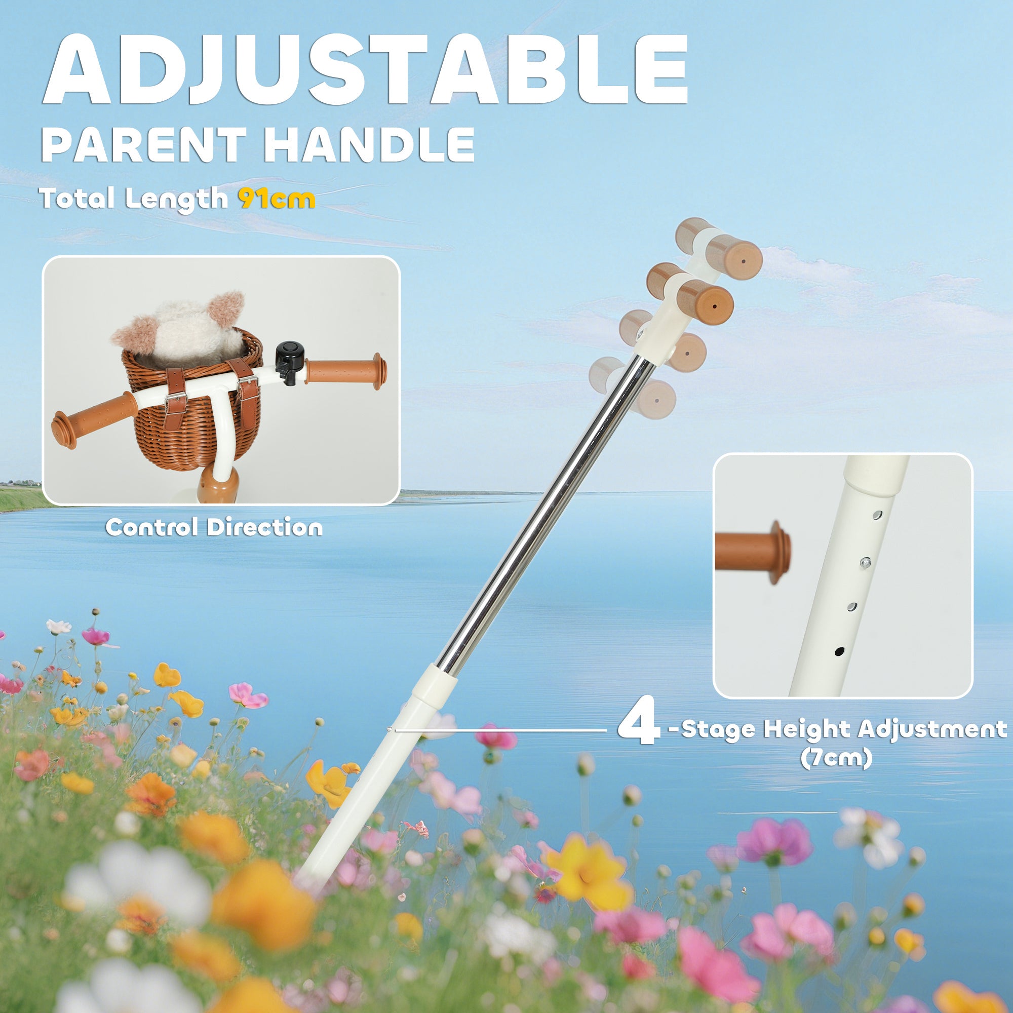 2-In-1 Toddler Trike for 2-5 Years Old, 3 Wheel Bike with Adjustable Parent Handle, Basket for Boys and Girls, White