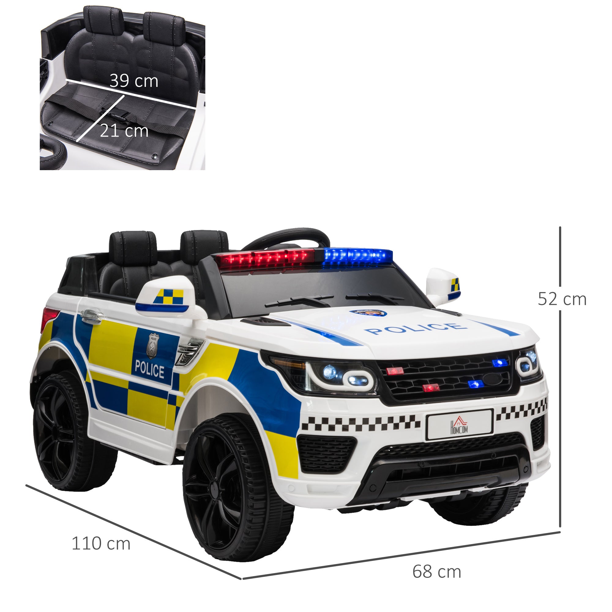 12V Kids Electric Ride On Police Car 2 Motors with Parental Remote Control Siren Flashing Lights USB Portable for 3-6 Years White