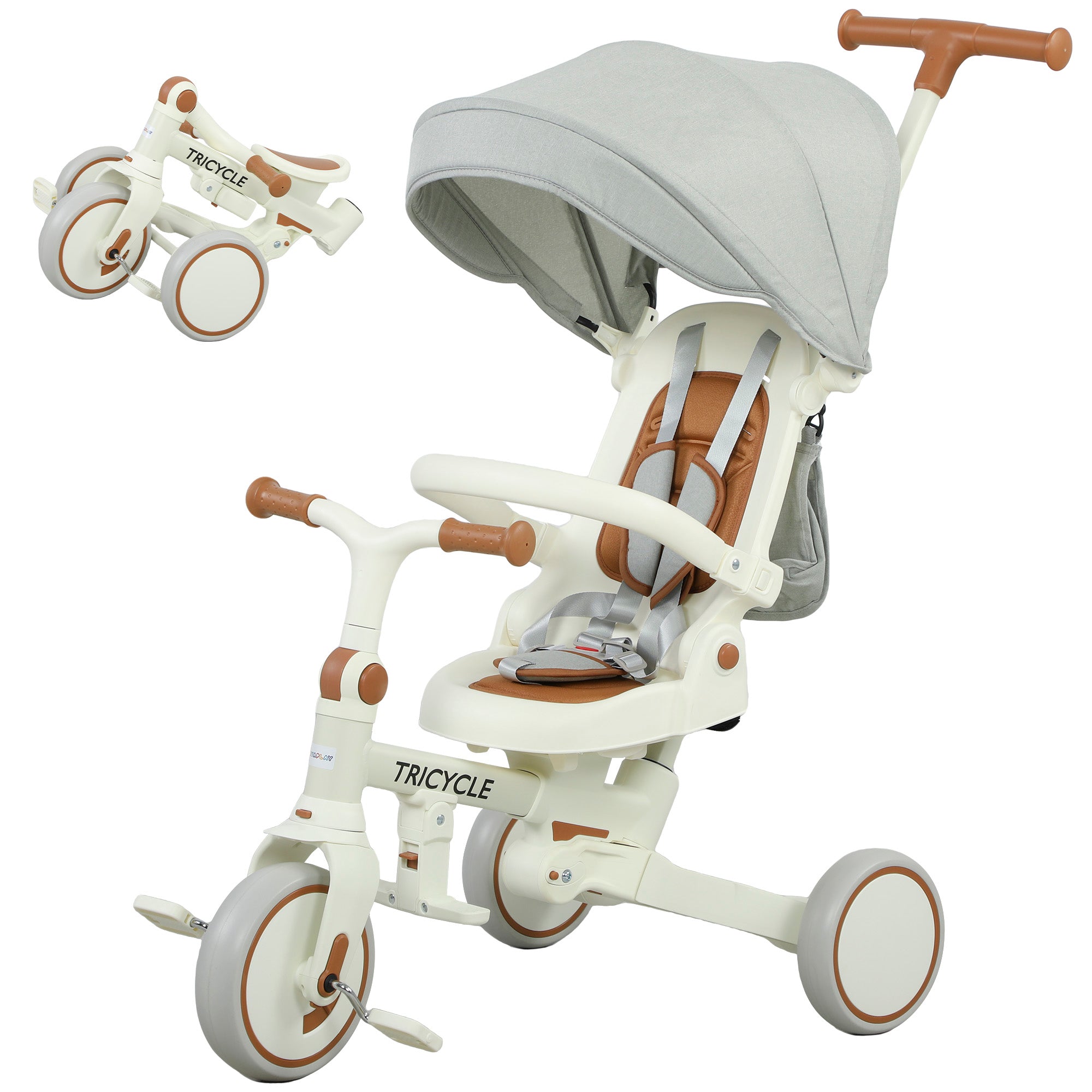 5 in 1 Kids Trike with Adjustable Backrest, Toddler Tricycle with Push Handlebar, Adjustable Backrest, Cream White