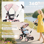 6 in 1 Foldable Kids Trike with Adjustable Parent Handle & Canopy for Ages 1-5, Pink