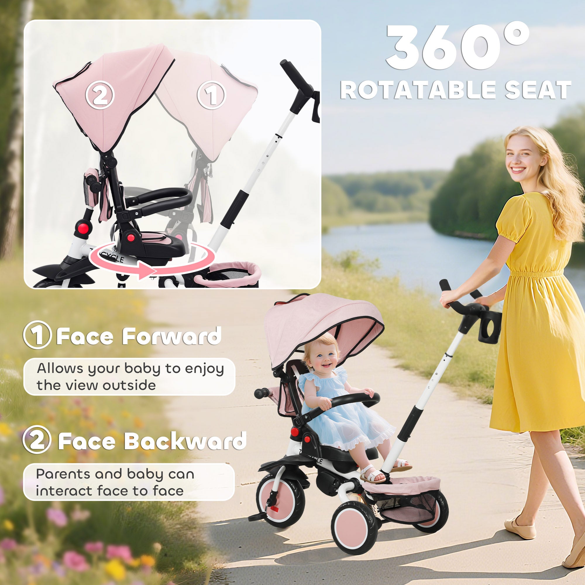 6 in 1 Foldable Kids Trike with Adjustable Parent Handle & Canopy for Ages 1-5, Pink