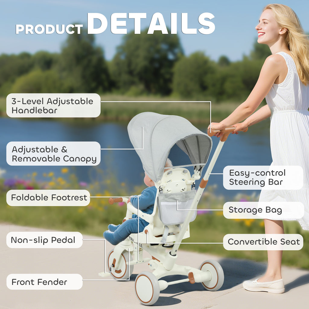 5 in 1 Kids Trike with Adjustable Backrest, Toddler Tricycle with Push Handlebar, Adjustable Backrest, Cream White