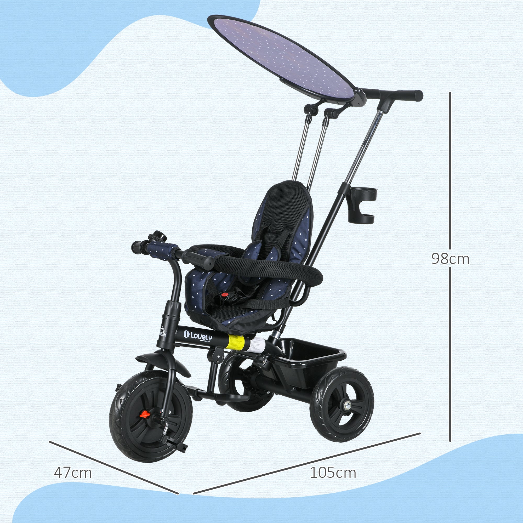 6 in 1 Tricycle for Kids with 5-point harness straps, Removable Canopy, Dark Blue