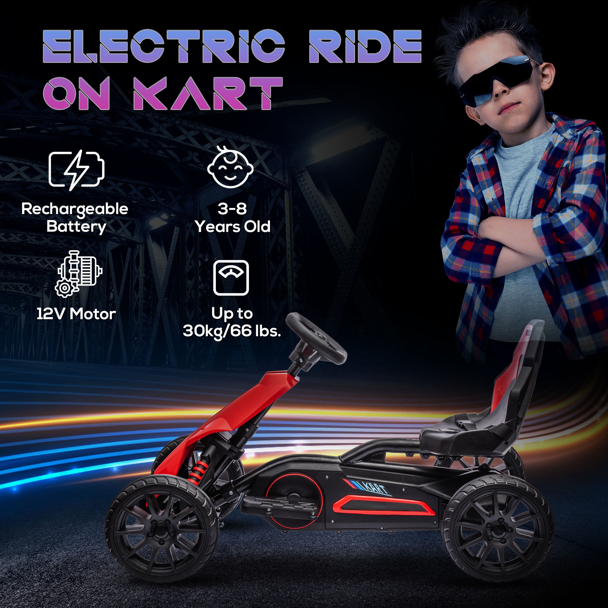 12V Electric Go-Kart for Kids, Ride-On Racing Go-Kart, with Forward and Reversing Functions, for Ages 3-8 Years